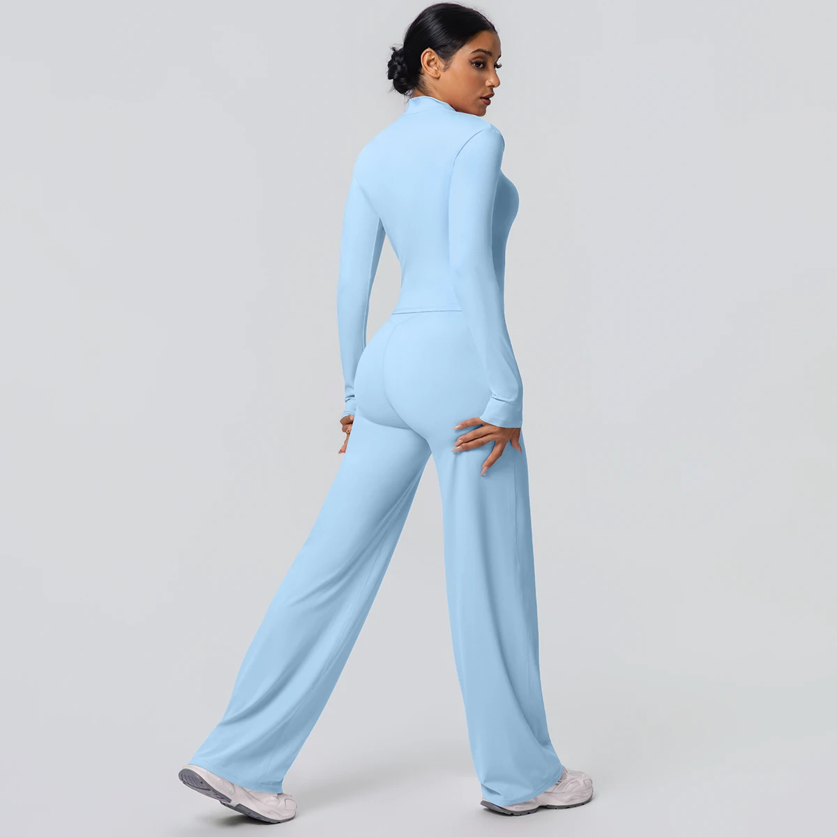 2 stück Schnell Trocknend Sport Fitness Kleidung Yoga Set Frauen Yoga Zipper Lange Ärmel Hohe Taille Atmungsaktive Breite Bein Hosen set – Detail 35