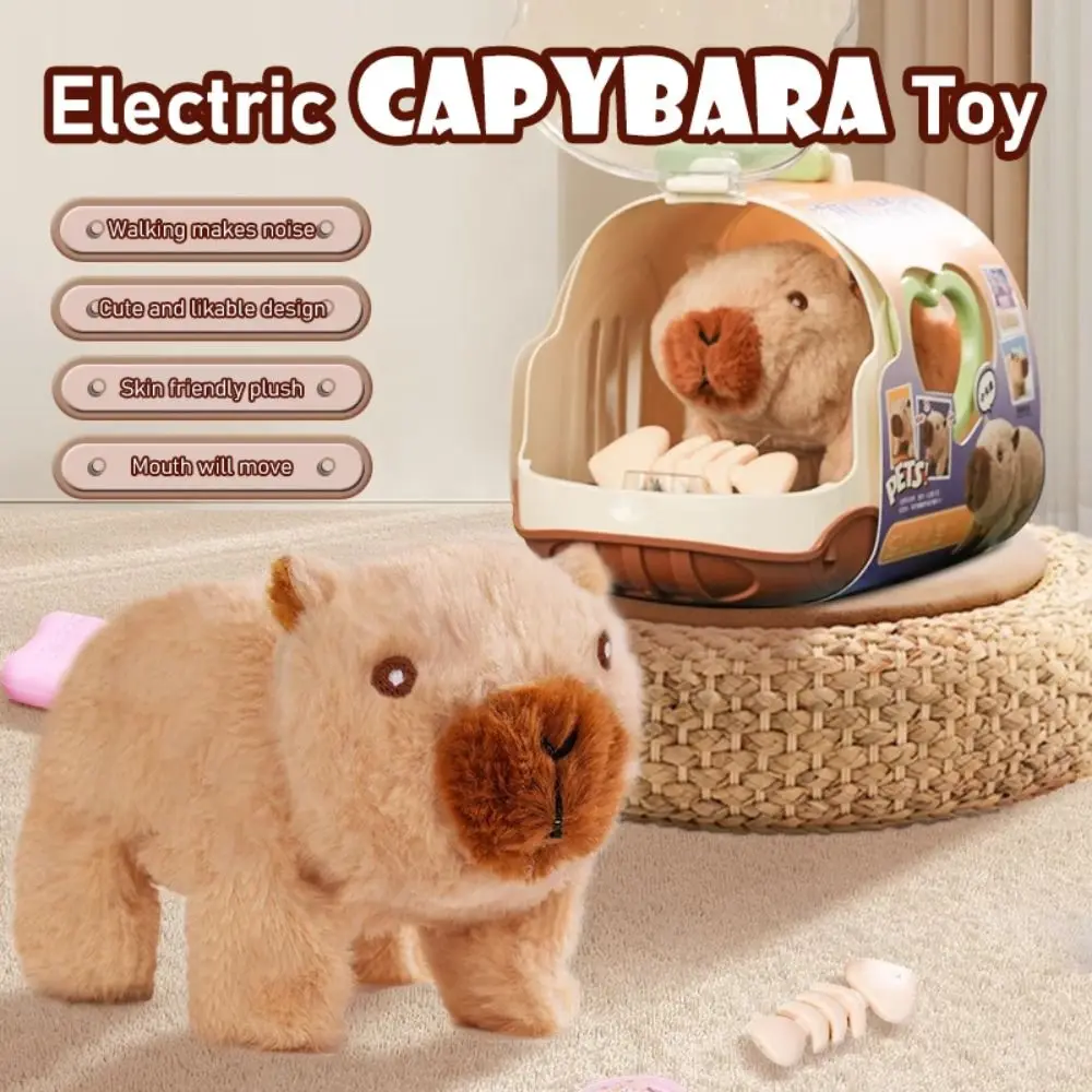 Capivara elétrico recarregável, brinquedo fofo com som, boneca de caminhada, boca interativa, conjunto de figura de capivara de pelúcia