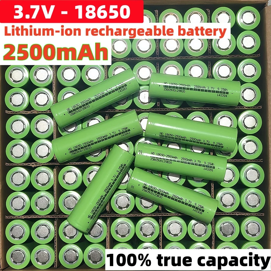 100% Capacity 2500 mAh 3.7 V 18650 Lithium Battery for Toys and Tool Batteries. Can Be Supplied with Positive Terminal and Lead