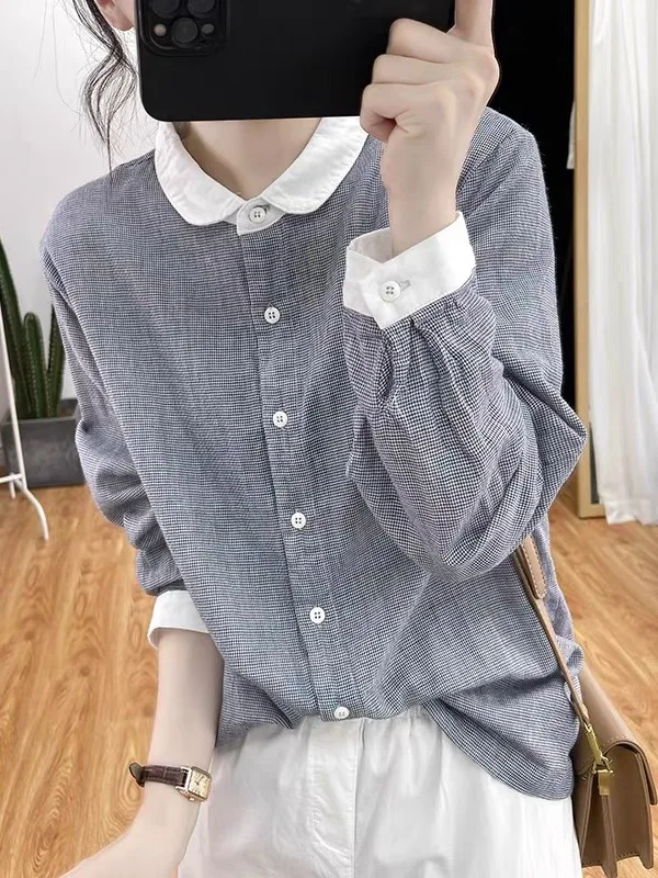 Women's Casual Style Long Sleeve Loose Fit Double Layer Cotton Shirt Small Grid Pattern Patchwork Color Slimming Top