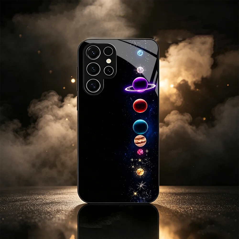 Mysterious Universe Planet Black Tempered Glass TPU phone case for Samsung Galaxy S26/S25/S24/S23/S22 FE Ultra Plus Shockproof