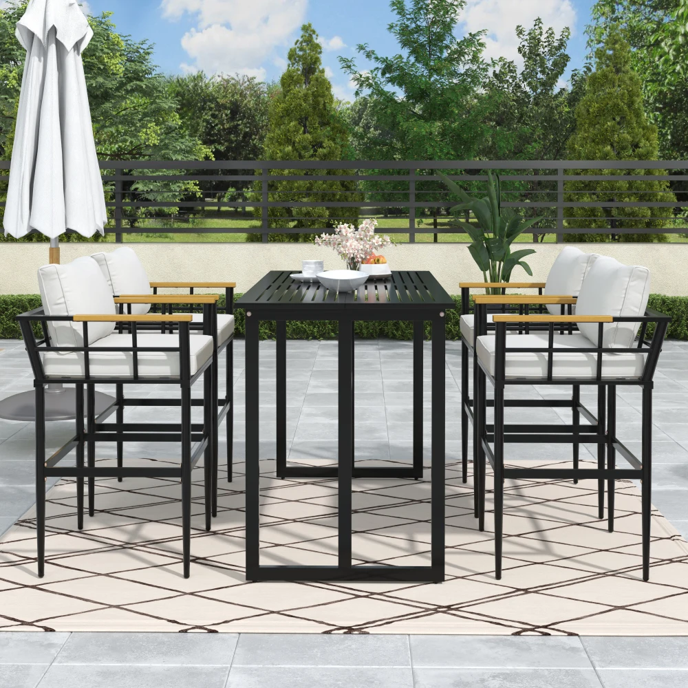 

Iron Outdoor Dining Set with Acacia Wood Armrest Suitable For Patio, Balcony Or Backyard