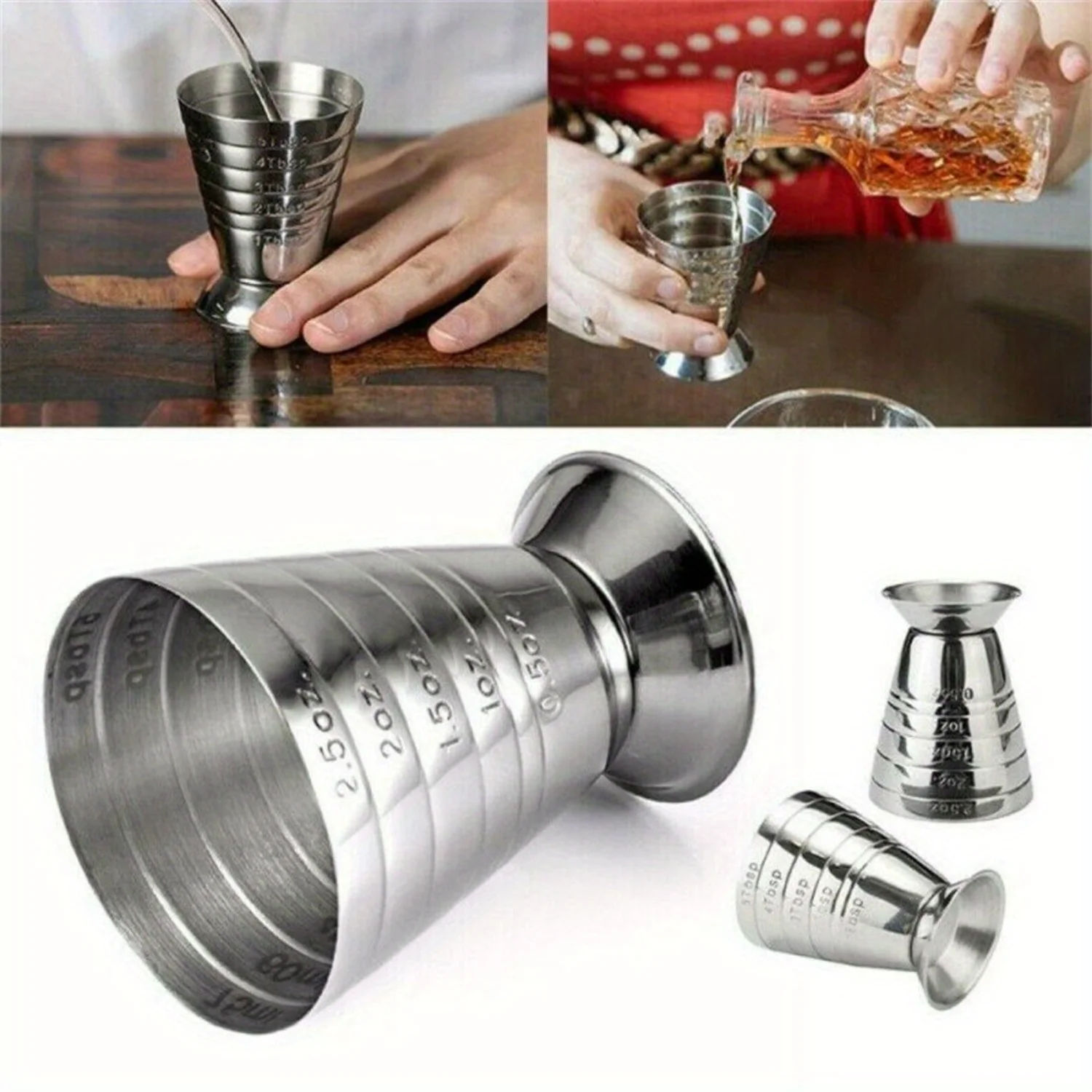 3Pcs Stainless Steel Measuring Cup Cocktail Jigger Set - 2.5 oz Stepped Graduated Bartender Tool