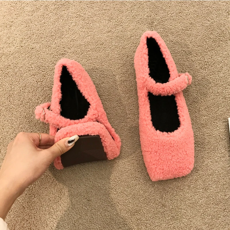 Fashion Square Toe Lambswool Ballet Flats Woman Winter Warm Plush Loafers Ladies Brand Design Teddy Fur Mary Jane Shoes in Pink