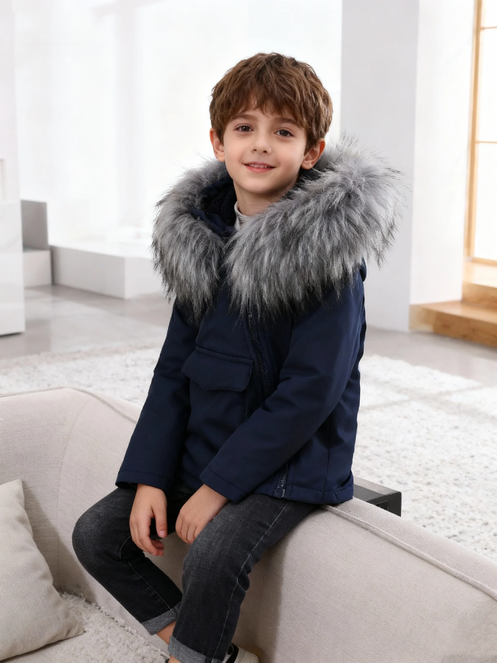 Autumn And Winter Boys' Fashionable Solid Color Slanted Zipper Large Pocket Hooded Jacket Daily Casual Jacket