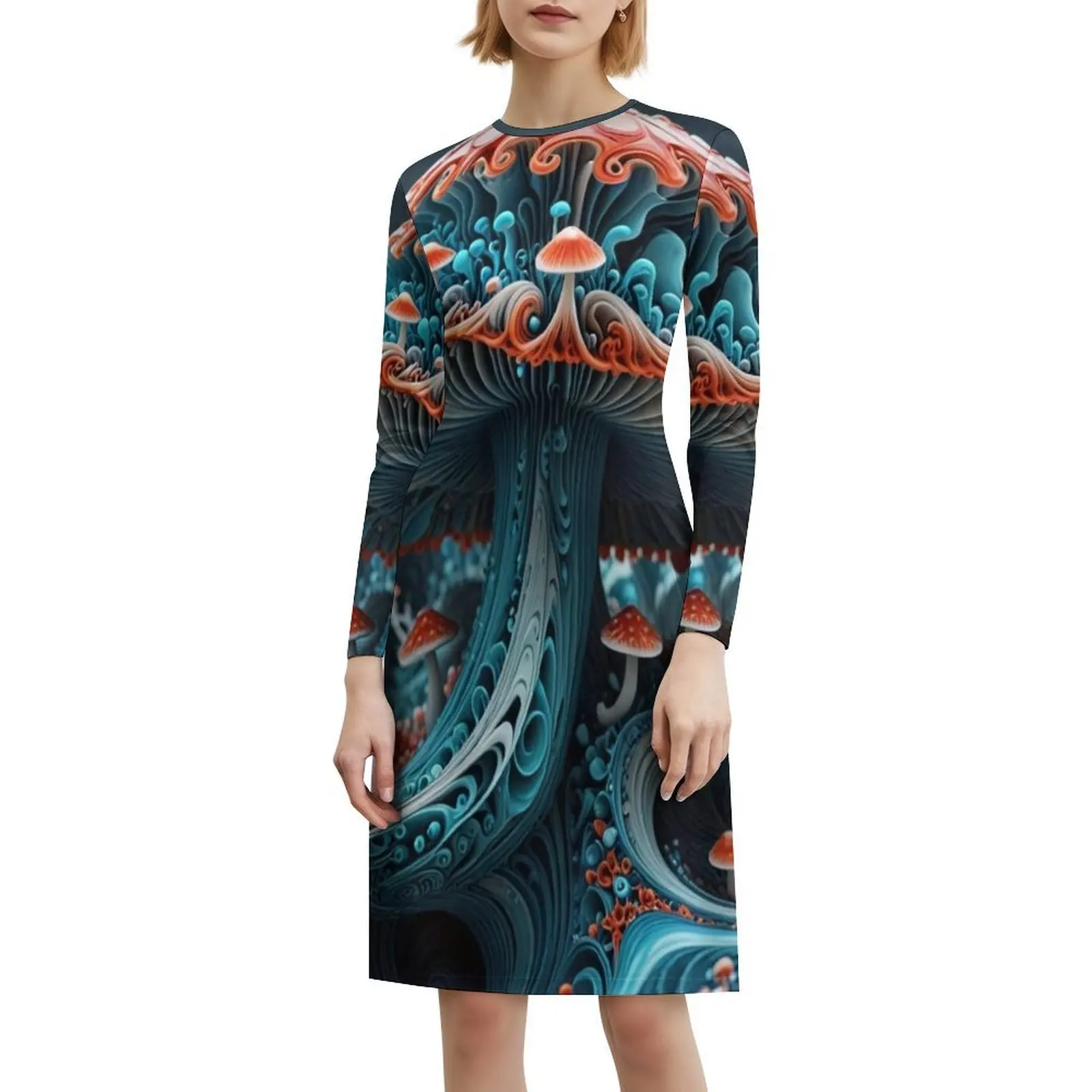 فطر مخدر في الفطر البوهيمي فستان بلا أكمام متعدد الطباعة عطلة الشاطئ فستان الحفلات سريالية الفطر الفن الخيال #6