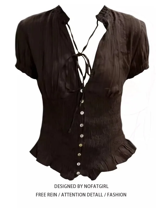 

Sweet Style Women's Shirt Bubble Sleeve Knot Waist Cinched Slim Fit Button up Top Korean Style V Neck Short Sleeve