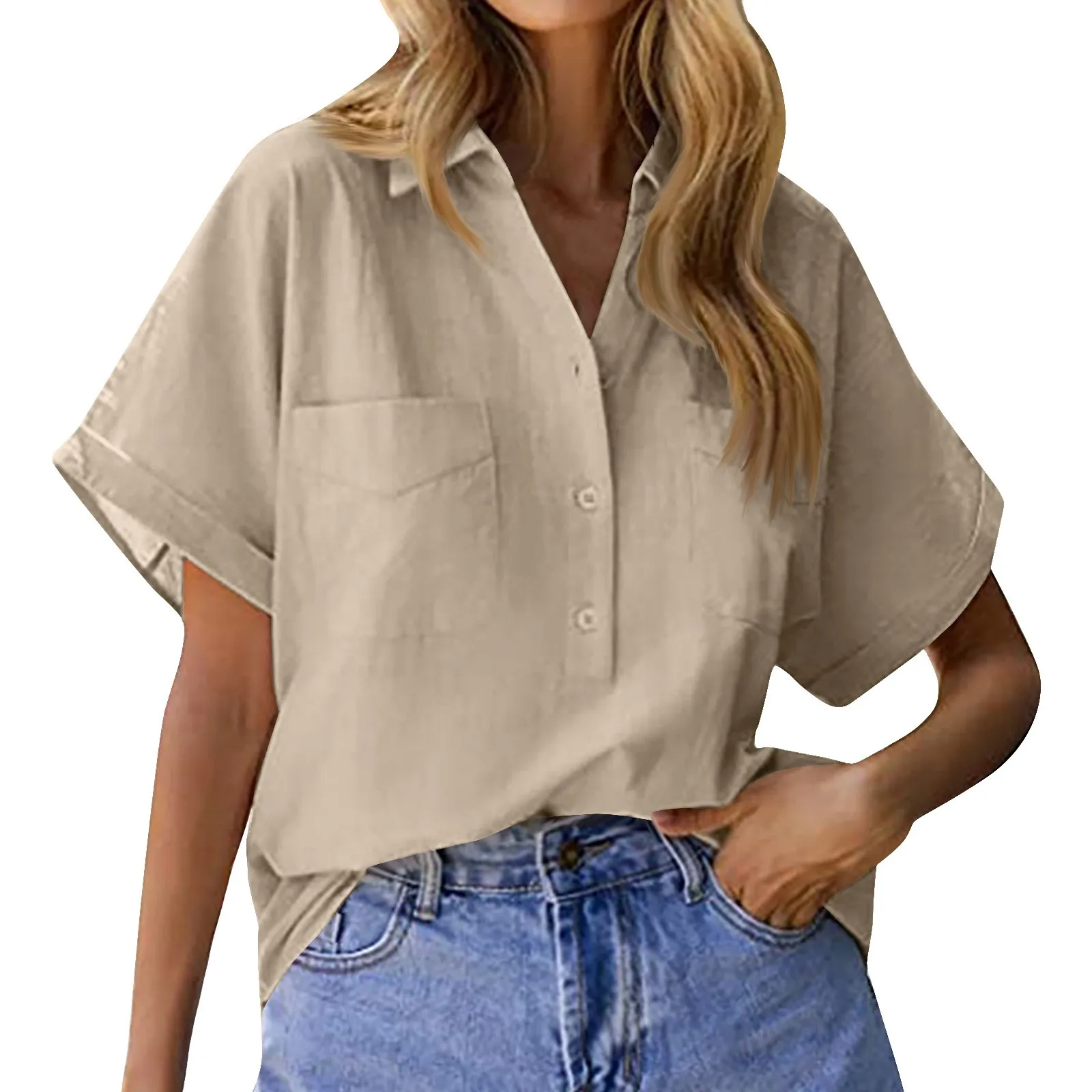 Women New Cotton And Linen Shirt Short-Sleeved Solid Color Double Pocket Pullover Shirts Loose Simple shirts & blouses camisas