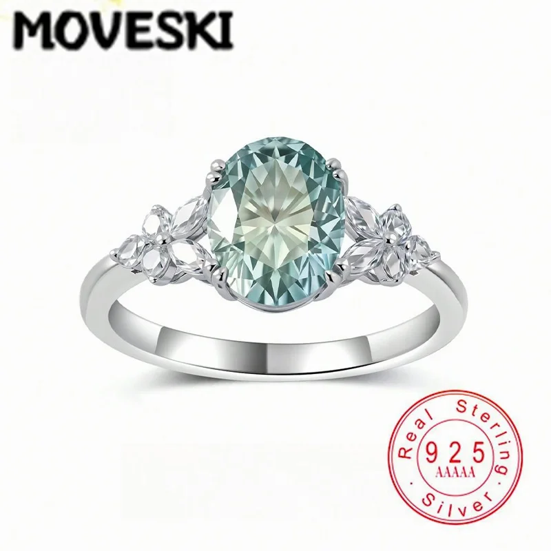 Oval Aquamarine Color Moissanite Ring 925 Sterling Silver Butterfly Side Stone Party Ring For Women Fine Jewelry