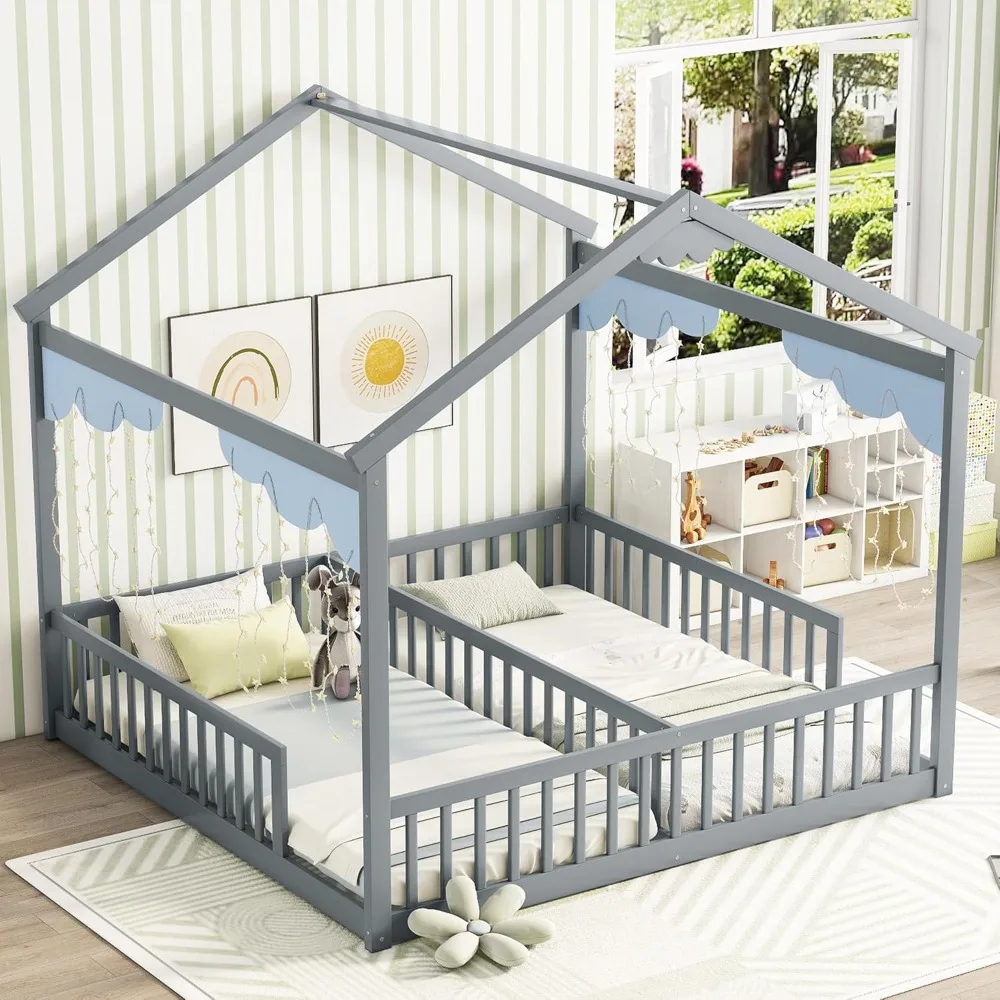 Double Twin House-Style Floor Bed with Fence, Guardrails, Without Door (Grey)