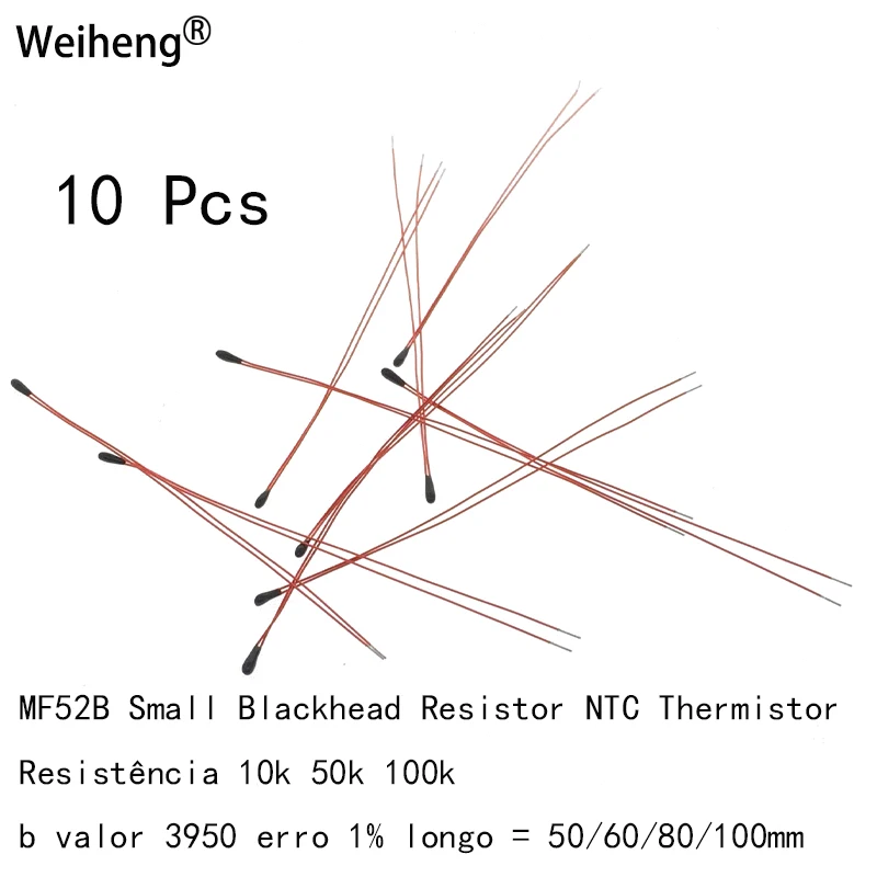 10Pcs MF52B Small Blackhead Resistor NTC Thermistor Resistência 10k 50k 100k  B Valor 3950 Erro 1% Long= 50/60/80/100mm