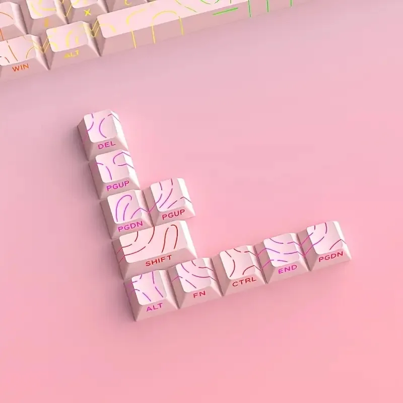أغطية مفاتيح بخط كونتور وردي - إضاءة خلفية شفافة، ملف تعريف الكرز، قالب حقن مزدوج النار، 87 مفتاحًا، 10 مفاتيح إضافية