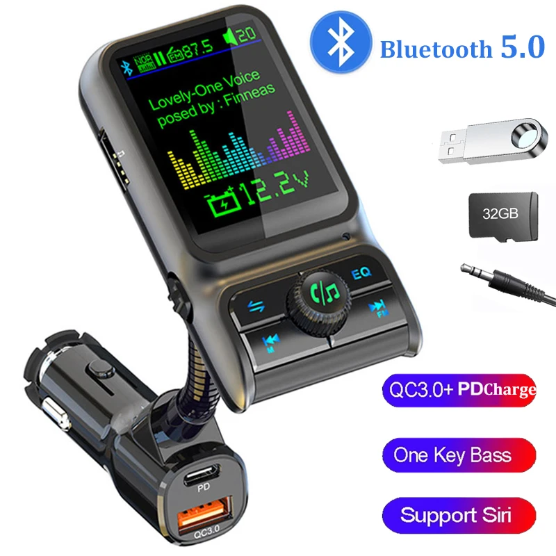 Bluetooth 5.0 FM Transmitter Handsfree Car MP3 Player QC3.0 PD24W Dual USB Quick Charger Colorful Ambient Light Car Accessories