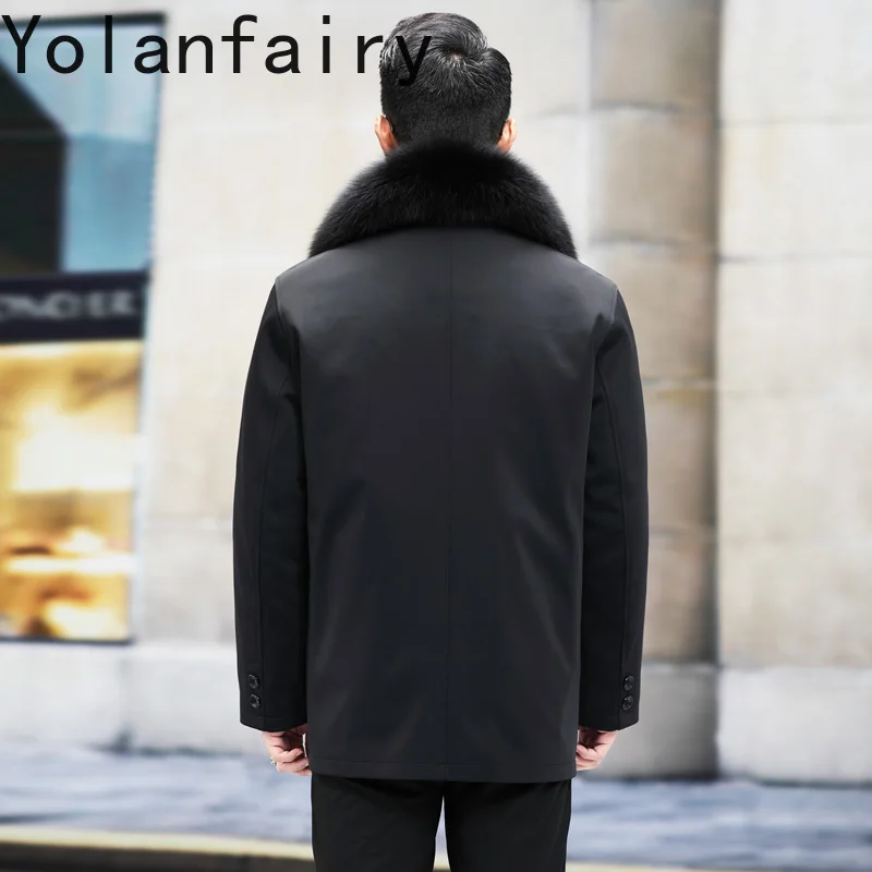 เสื้อโค้ทขนสัตว์แท้ YOLANFAIRY สำหรับผู้ชาย ฤดูหนาว บุด้วยขนกระต่ายแท้ อุ่นสบาย ความยาวปานกลาง สีดำ พร้อมปกขนสุนัขจิ้งจอก