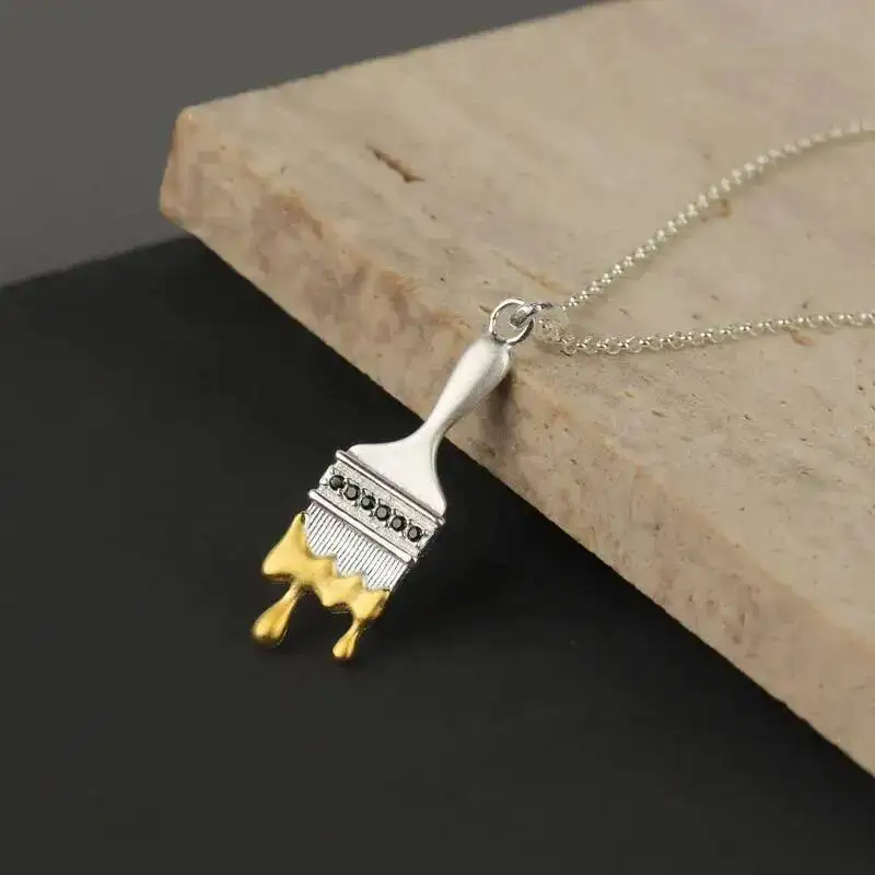 GEEZENCA 925 Sterling Silver Oil Painting Brush Pendant For Necklace Personalized Dainty Small 2 Tone Pendants Women Girls Jewel