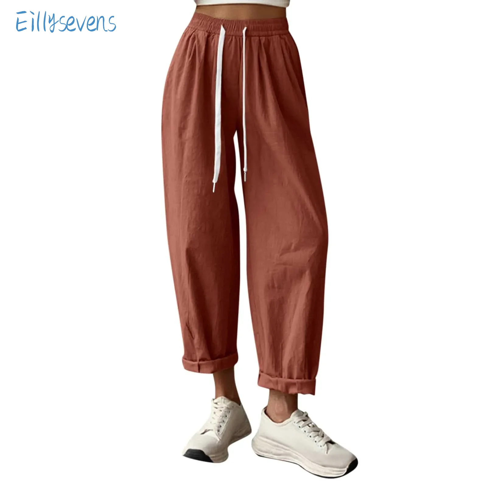 Women'S Drawstring Pants Casual Fashion Comfy Cotton And Linen Pants With Pockets Elastic Waist Wide Leg All-Match Pants