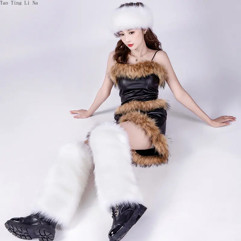 Summer Strap Set Women Sexy Underwear Faux Fur Vest Leather Shorts