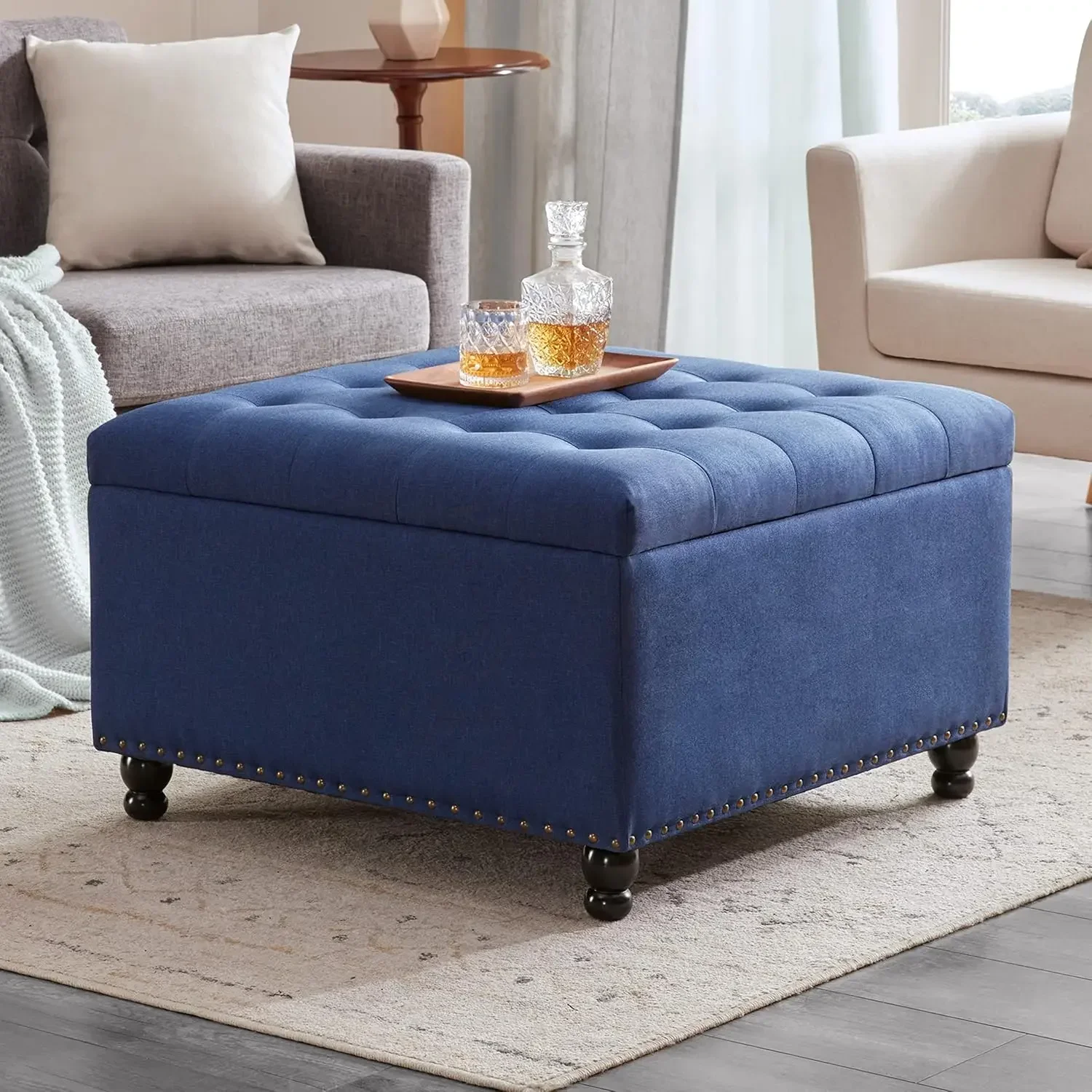 Large Square Tufted Upholstered Ottoman and Coffee Table with Storage, Oversized Footrest Bench for Living Room Bedroom, Blue