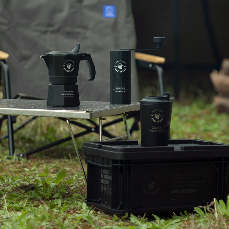 CAFEDEKONA & UNCLE BURN Brewing Kit Outdoor Camping Coffee Set Coffee Maker Moka Pot + Coffee Grinder + Coffee Cup + Storage Box