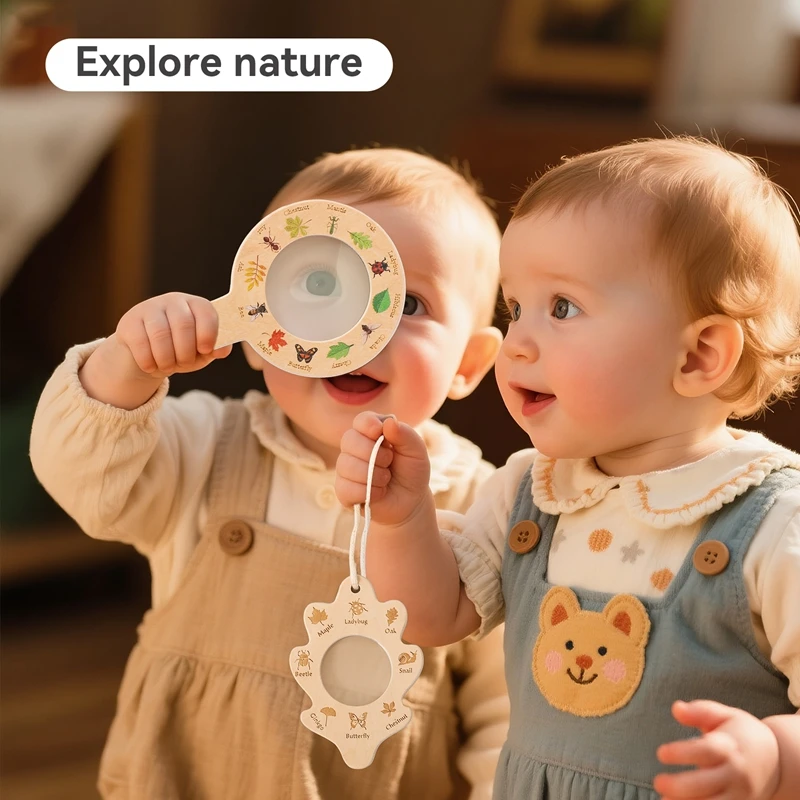 عدسة مكبرة تحت عنوان أوراق الأطفال هي لعبة استكشاف الطبيعة مصممة خصيصًا للأطفال الصغار مصنوعة من البلاستيك أو الخشب الآمن