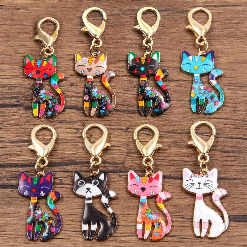 New 8pcs Colorful Alloy Metal Drop Oil Printing Cat Charm Animal Lobster Buckle Kit Pendant For Enamel DIY Jewelry Accessories
