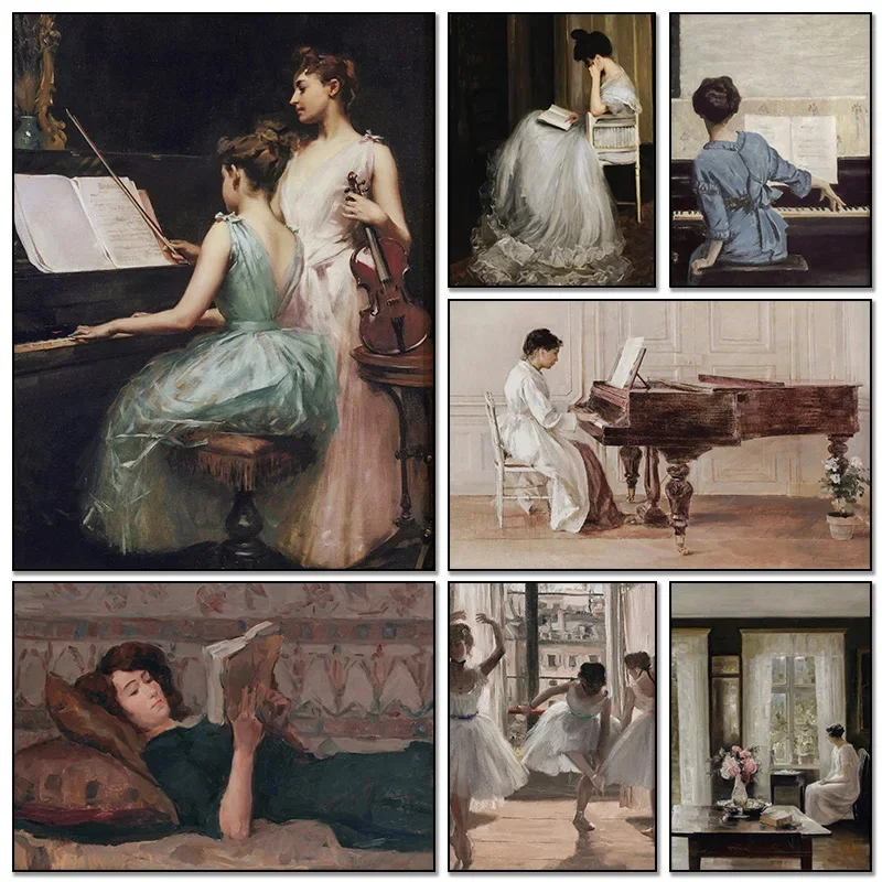 Vintage Antique French Portrait Woman Playing Piano Reading Bar Prints Ballerina Masquerade Canvas Painting For Room Home Decor