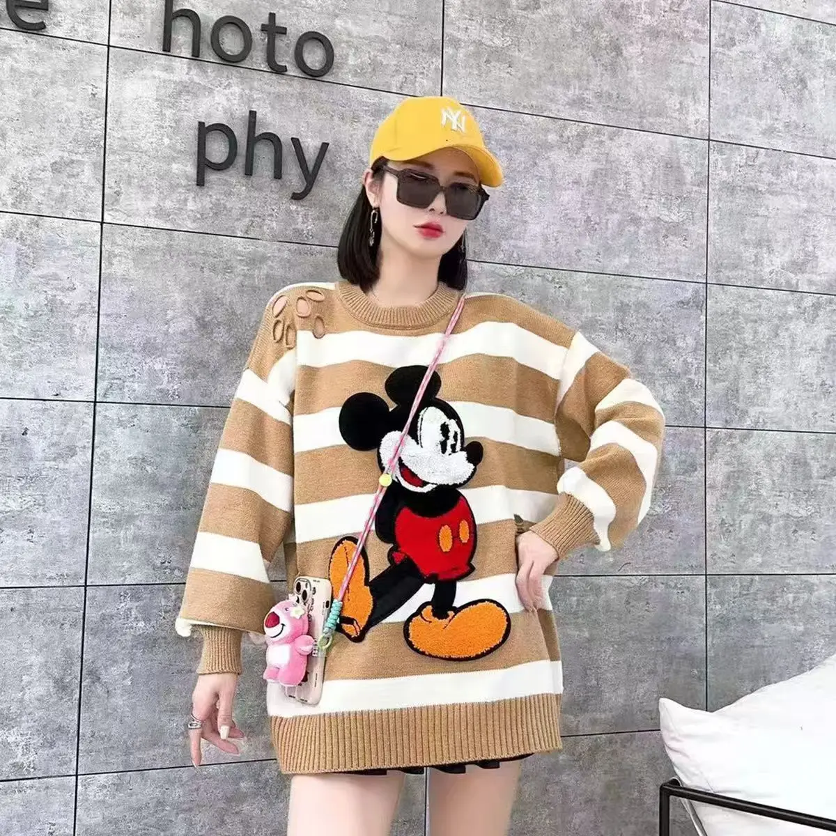 

Women's Striped Mickey Mouse Knitted Sweater Casual Oversized Cartoon Print Pullover Top Vintage Style Long Sleeve Jumper