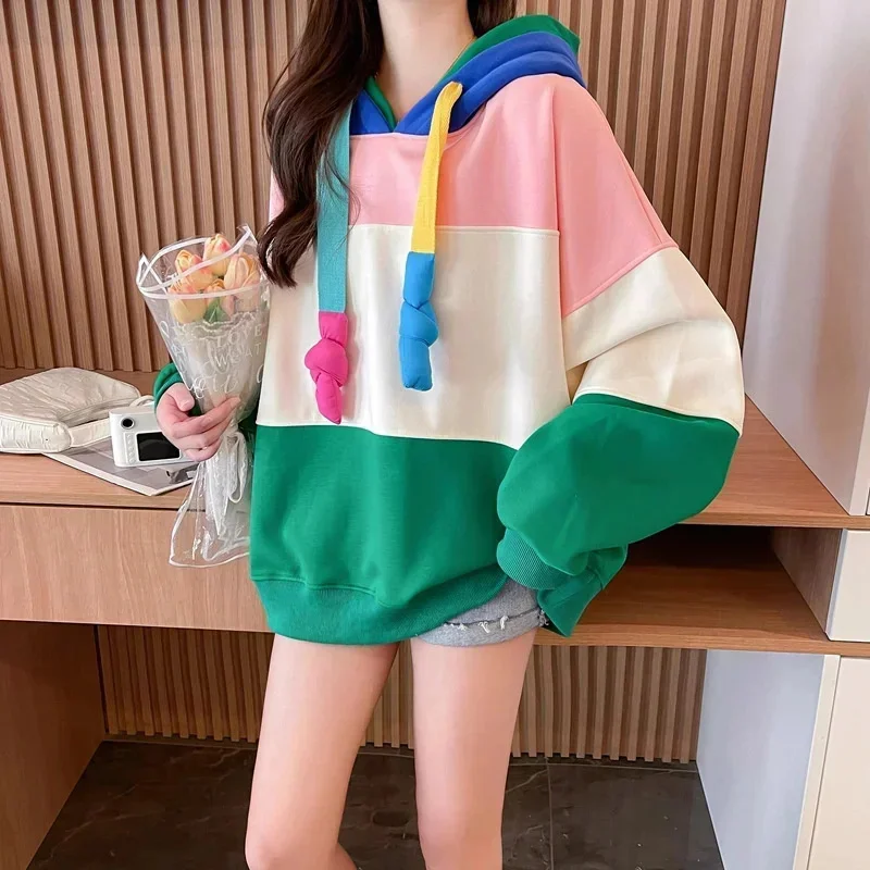 Stitching Contrasting Color Fleece Hoodies Women Loose Casual Long-sleeved Sweatshirt Fashion American Oversize Splicing Jacket