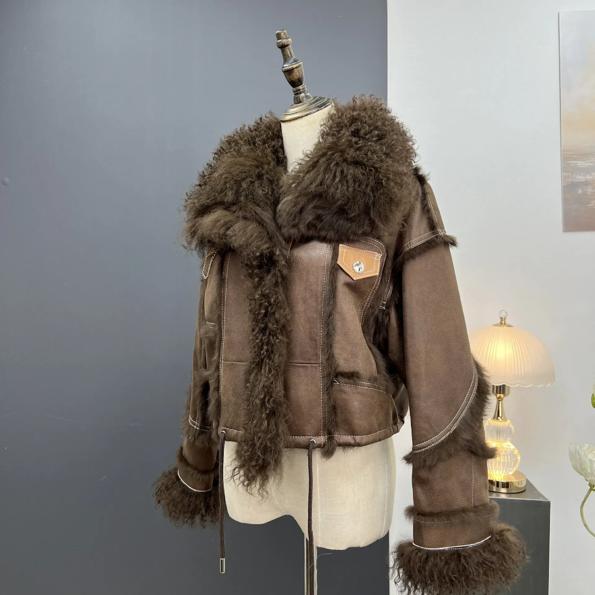 

Haining fur coat, wool collar, rabbit fur coat, women's short motorcycle, young style, suede