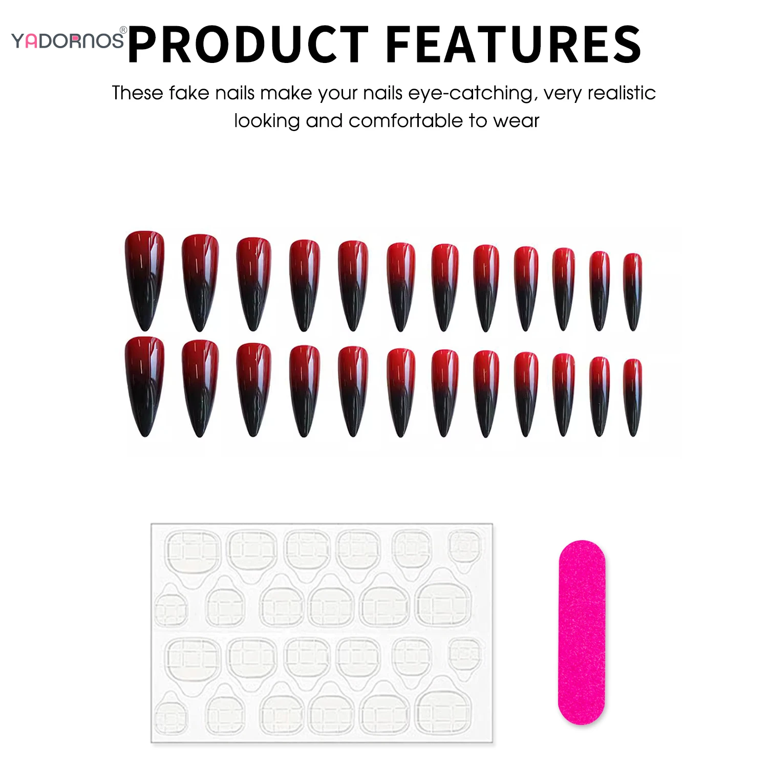 24 قطعة طويلة خنجر الأظافر وهمية التدرج الأحمر/الأسود اضغط على الأظافر حار الفتيات سحر مانيكير غطاء كامل عصا على وصلات لإطالة الأظافر #2