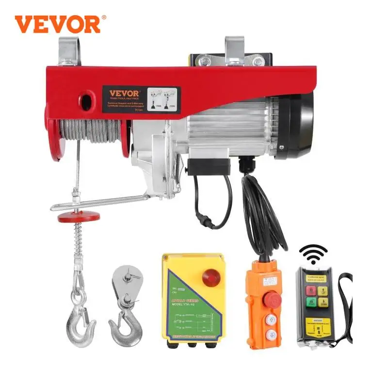 VEVOR Palan Électrique, Charge Double Câble 1000 kg, Télécommande Filaire 4,2 m et Sans Fil 100 m, Hauteur Levage Câble Simple 12 m, Élingue Simple Double, Arrêt Urgence, pour Garage, Entrepôt, Usine