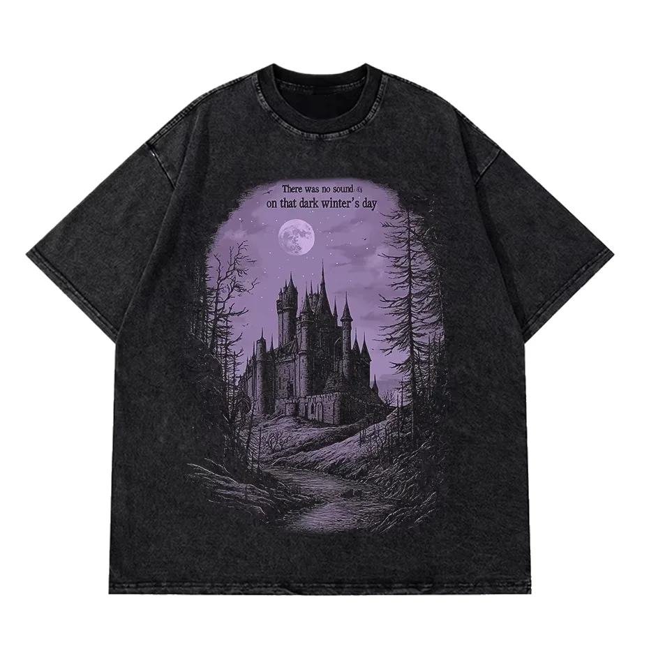 

Hip Hop Washed Black T-Shirt Streetwear Vintage Purple Graphic Horror Castle T Shirt Cotton Tshirt Men Tops Tees Unisex Y2K