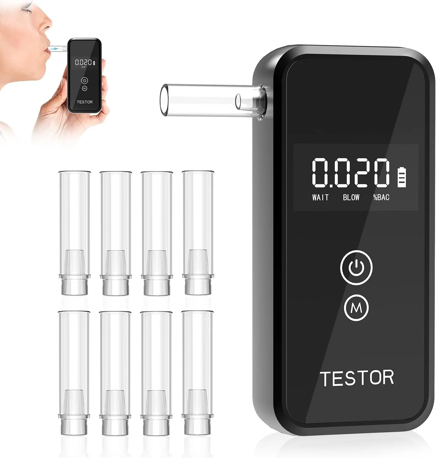 Digital Display Professional Breathalyzer Alcohol Tester with 8 Reusable Mouthpieces for Home Car Use Accurate Portable