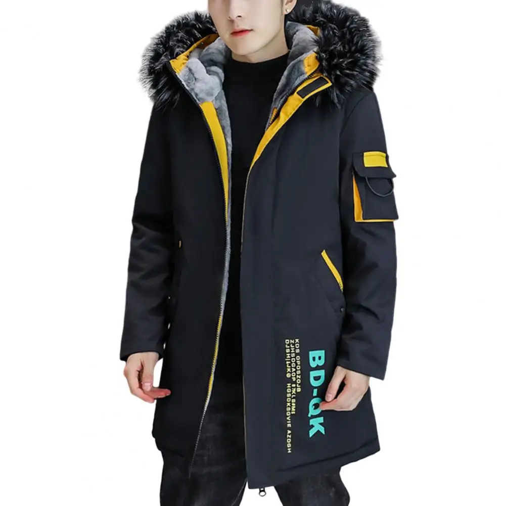 Autumn Winter Parkas Jacket for Men Patchwork Color Jacket Hooded Fleece Thick Mid-length Coat Cotton-Padded Long Jacket