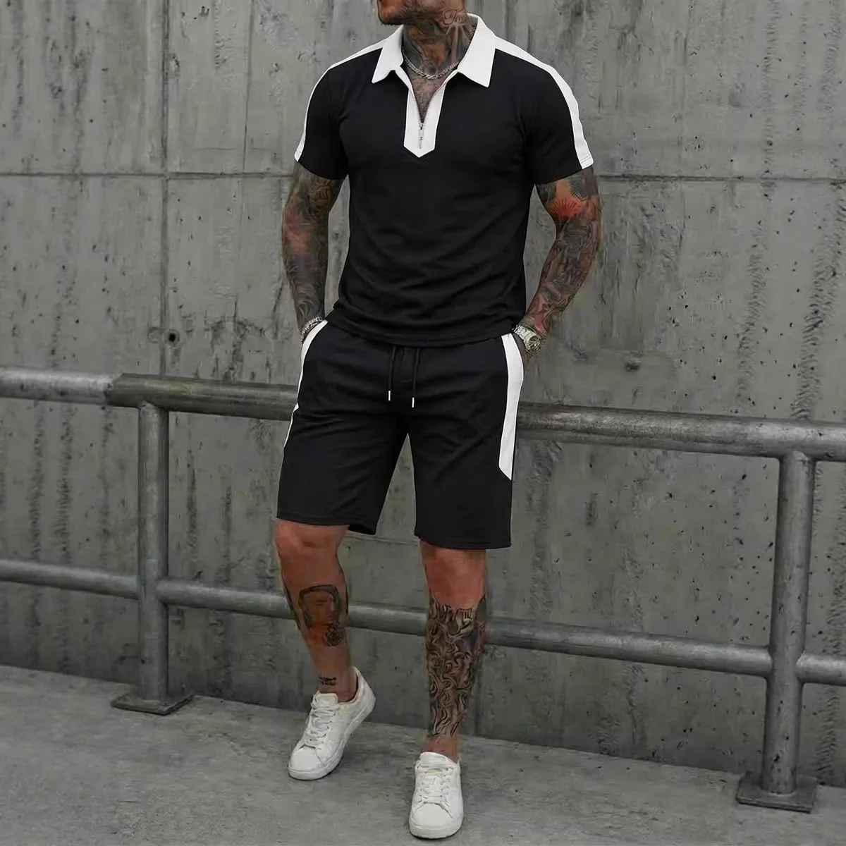 

2026 Summer New Men's Polo Tracksuit Color Block Patchwork Casual Sports Set Streetwear Fashion 2 Piece Outfits Summer Clothing
