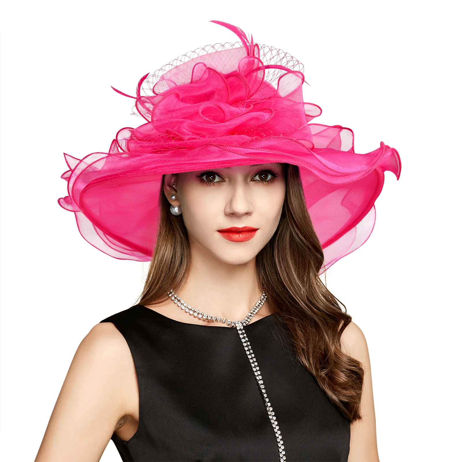 Kentucky Derby Hat Church Hat Women White Organza Derdy Hat with Net Feathers & Ruffle Bridal Hats for Ladies S10-3190