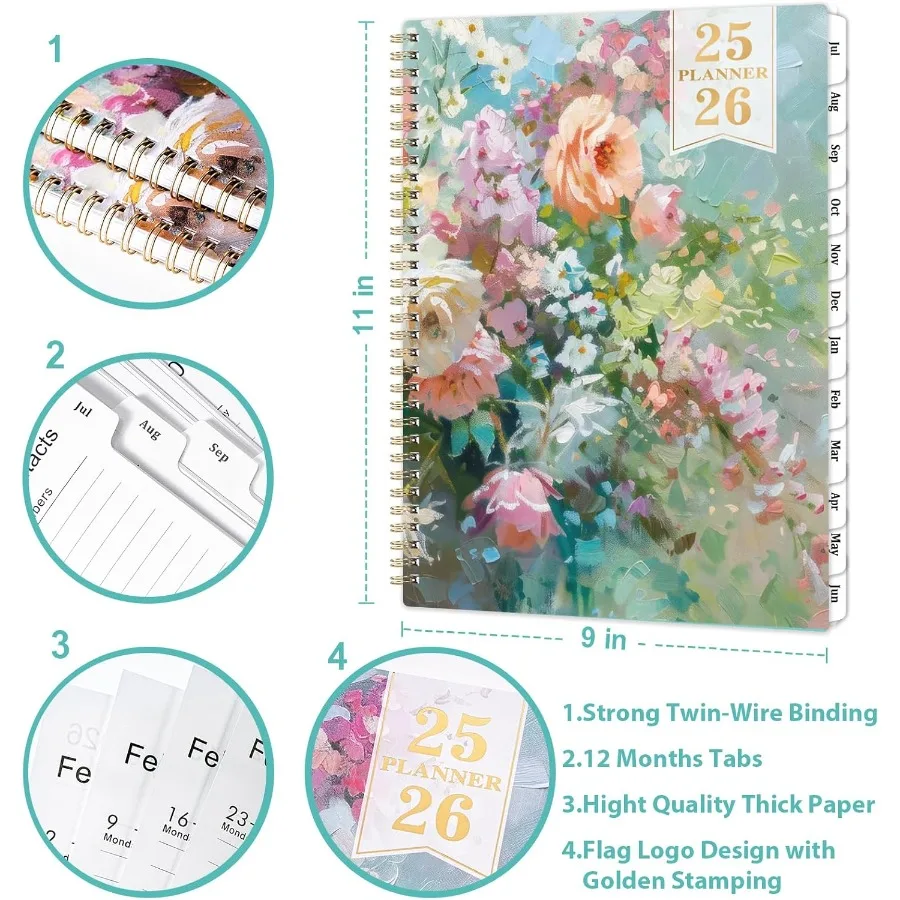 20252026 مخطط أكاديمي 8.5 بوصة × 11 بوصة يوليو 2025 يونيو 2026 غلاف ورقي سميك أسبوعي وشهري 12 علامة تبويب شهرية TwinWire Bind #3