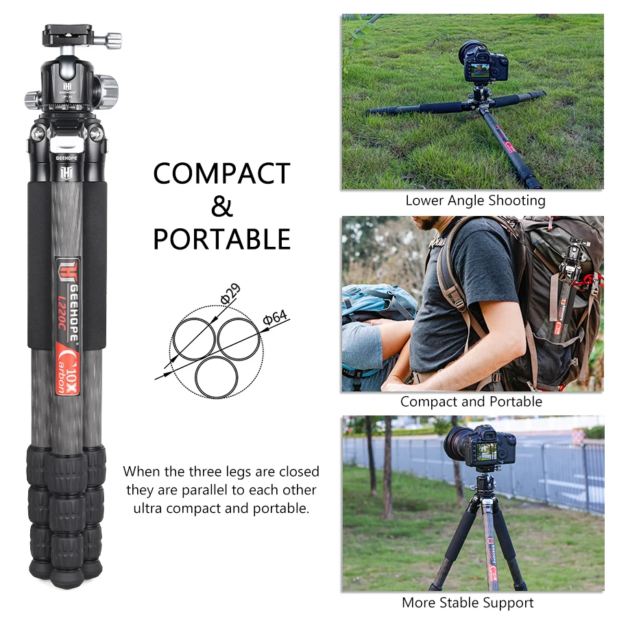 GEEHOPE L220C/L330C Compact Carbon Fiber Tripod Professional Camera Stand for DSLR Video Camcorder Load 25kg add Center Column