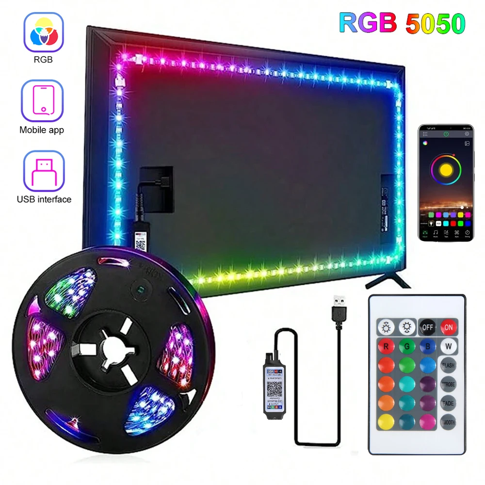 19.6-1180In/1-30M 5050 USB LED RGB Strip Lights 24-Key Remote & APP Control Music Sync 5V TV BackLight For Room Party Decoration