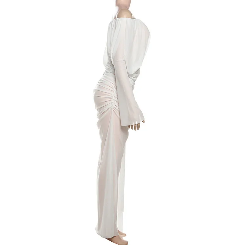 Y2K شبكة انظر من خلال فستان ماكسي المرأة قبالة الكتف كم طويل سبليت الخريف الشتاء مثير نادي الحفلات Ruched فساتين وتتسابق هدية