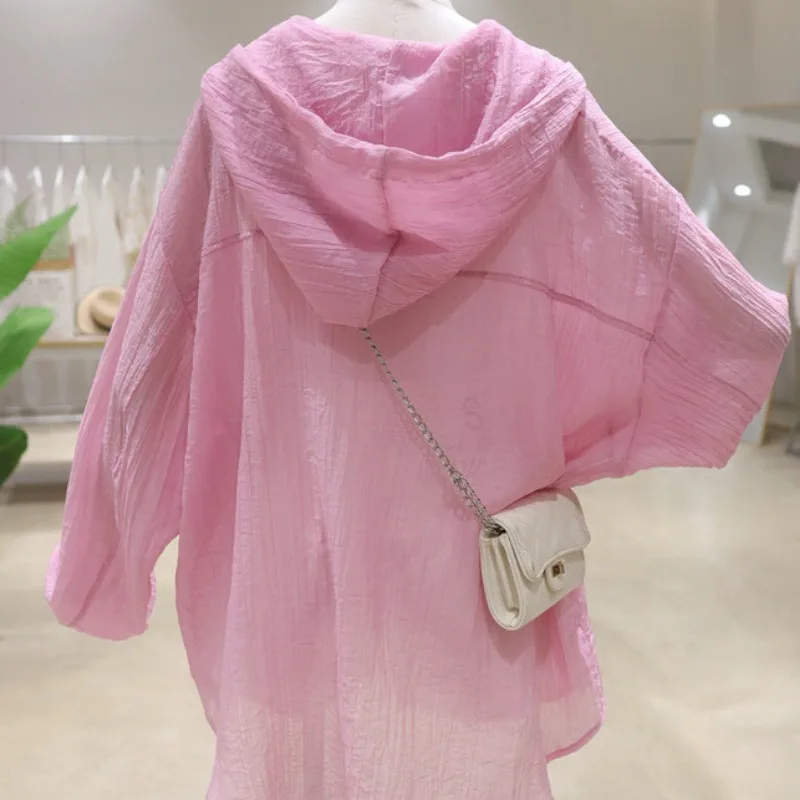 Dun dun en micro tot 2025, zomernieuwe losse, slanke, middellange, dunne damesblouse met lange mouwen en zonnebrandcrème met capuchon