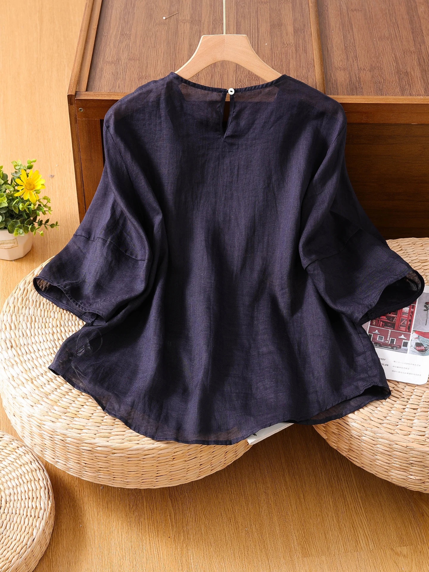 

Повседневный свободный женский ор Све irt Design Sense плиссированный тонкий льняной летний топ для похудения Five-Quarter Sve Retro Sle