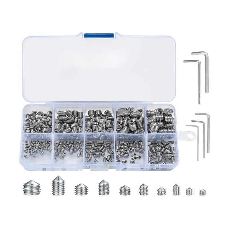 290Pcs Grub Screws Mixed with Storage Box Stainless Steel Cone Point Screws Hex Head Thread Socket Screw Assortment with Wrench