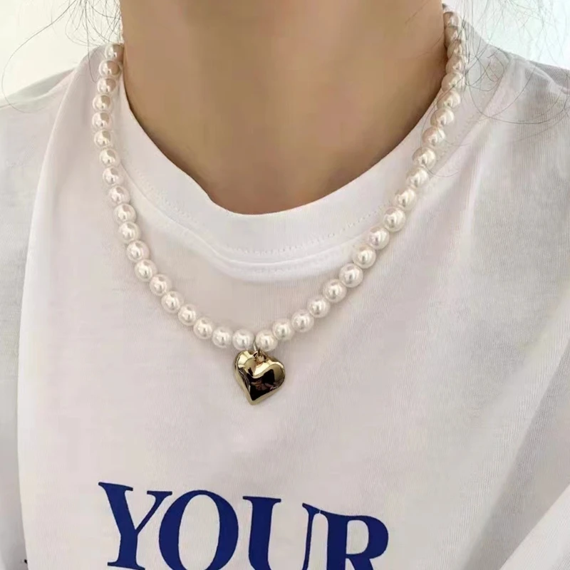 Elegant Pearls Necklace Heart Pendant Necklace Fashion Neck Jewelry CCB Material Beads Choker Chain Great Gift for Women Girls