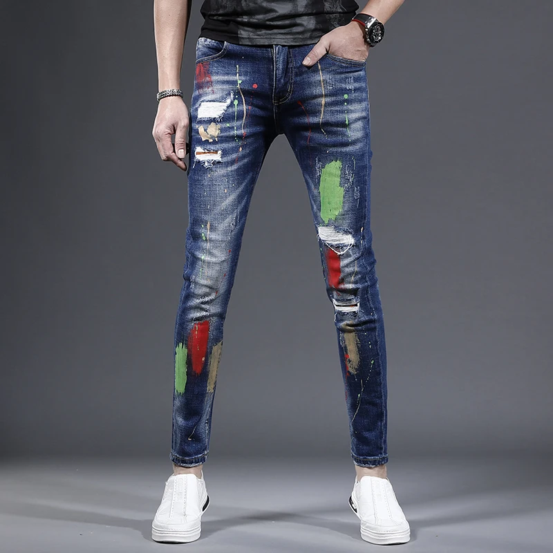 Summer Blue Ripped Men's Jeans Streetwear Slim Fit Paint Printed Pants Patches Denim Trousers CP2183