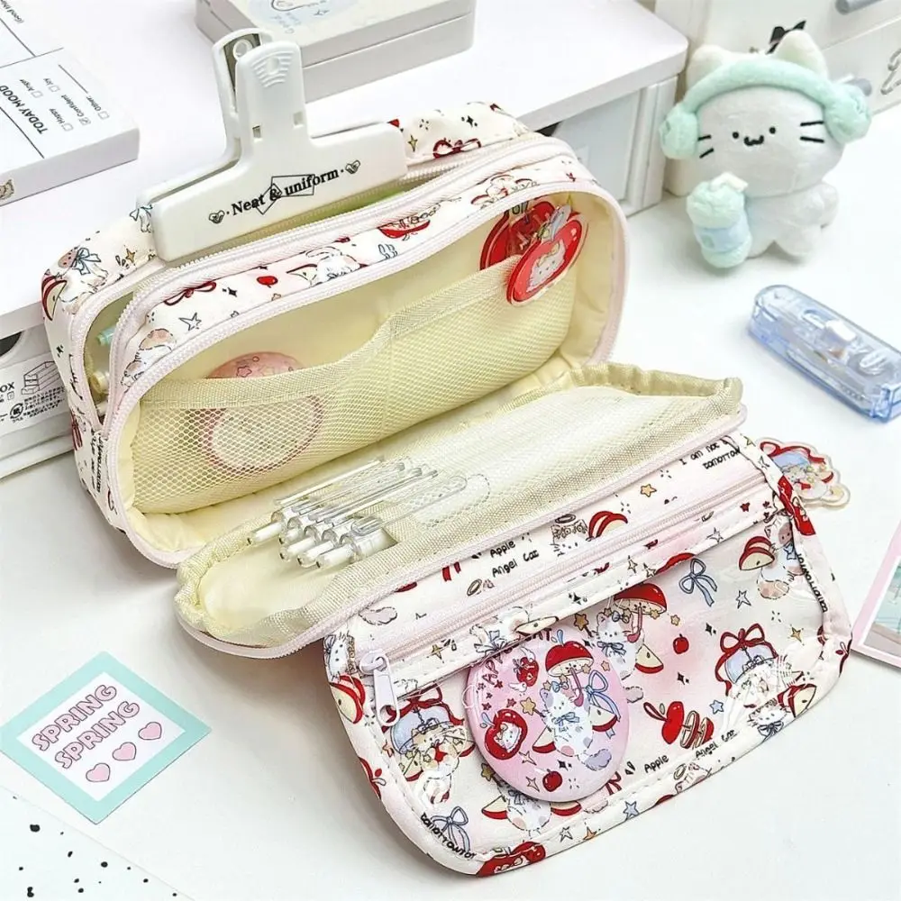 Durable Flip Design Pen Bag Red Kitten Pattern Multilayer Pencil Case Large Capacity Multifunctional Stationery Bag Gift