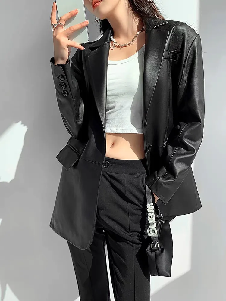 2025 Autunno Giacca da donna oversize in vera pelle Donna 100% pelle di pecora Retro Marrone Spalla larga Cappotto da abito Streetwear Blazer