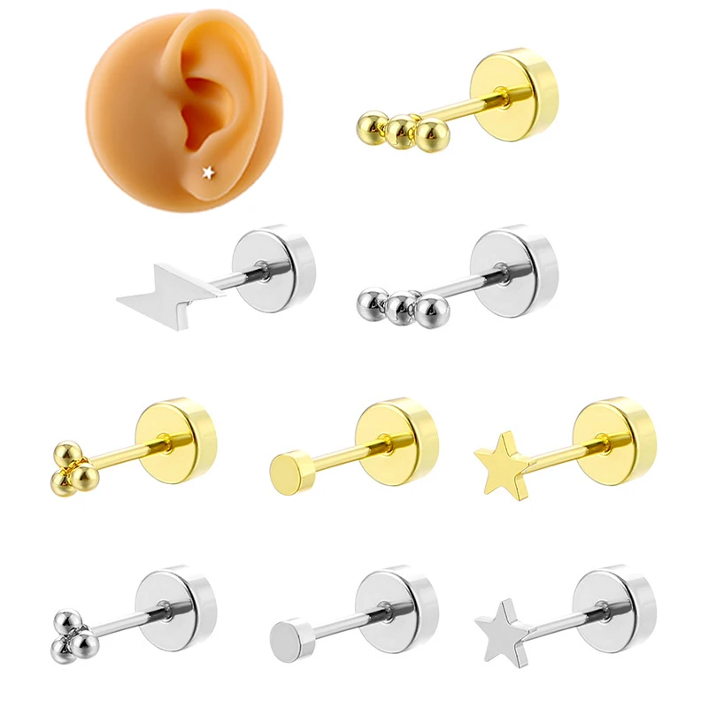 1PC Cartilage Earrings Stud for Women Surgical Steel Flat Back Earrings Lightning Star Tragus Helix Conch Lobe Piercing Jewelry