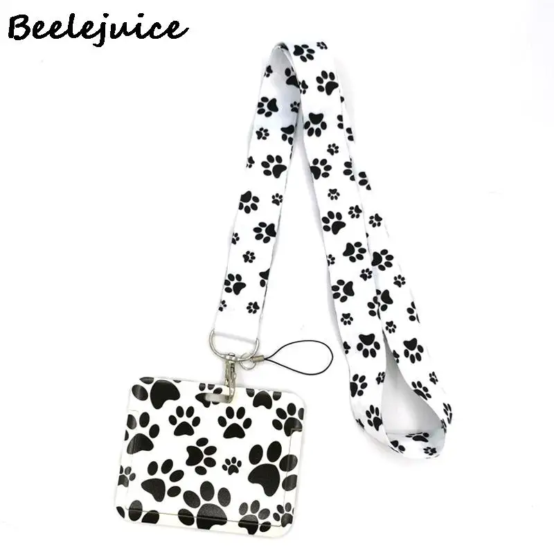 White Dog Paws Horizontal Fashion Lanyard ID Badge Holder Bus Pass Case Cover Clip Bank Credit Card Holder Strap Card Holder