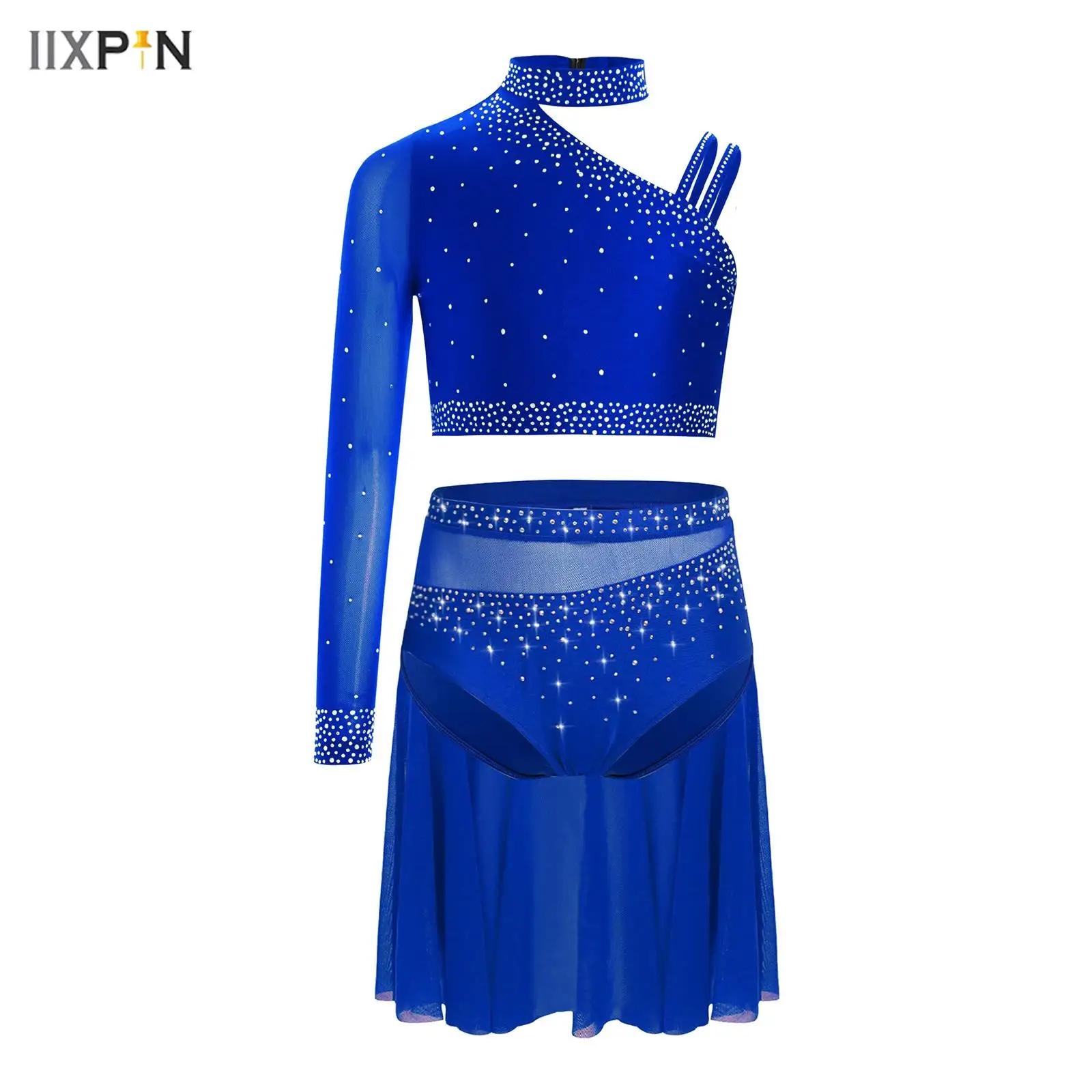 

Kids Girls Lyrical Dance Outfit Sparkly Rhinestones Unique Irregular Shoulder Crop Top + Sheer Mesh Skirt Figure Skating Dress